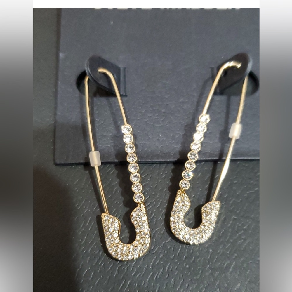 Steve Madden gold tone crystal pave cubic zirconia gemstone safety pin earrings